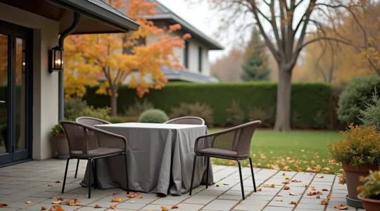 Salon de jardin partiellement couvert sous un ciel d'automne, avec des feuilles mortes et une lumière douce