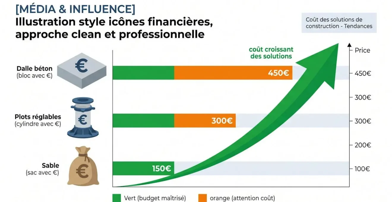 Illustration d'un budget représenté par des pièces et billets avec icônes de matériaux de construction
