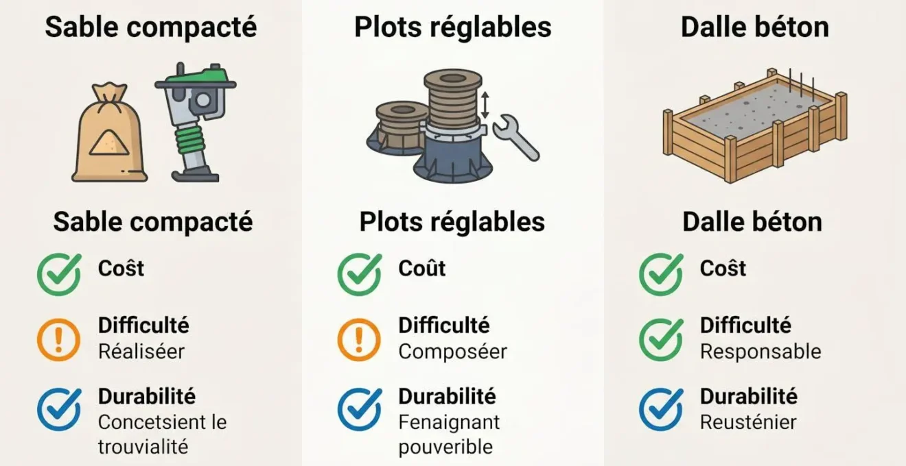 Tableau comparatif en couleurs montrant les 3 techniques de stabilisation avec icônes symbolisant chaque méthode