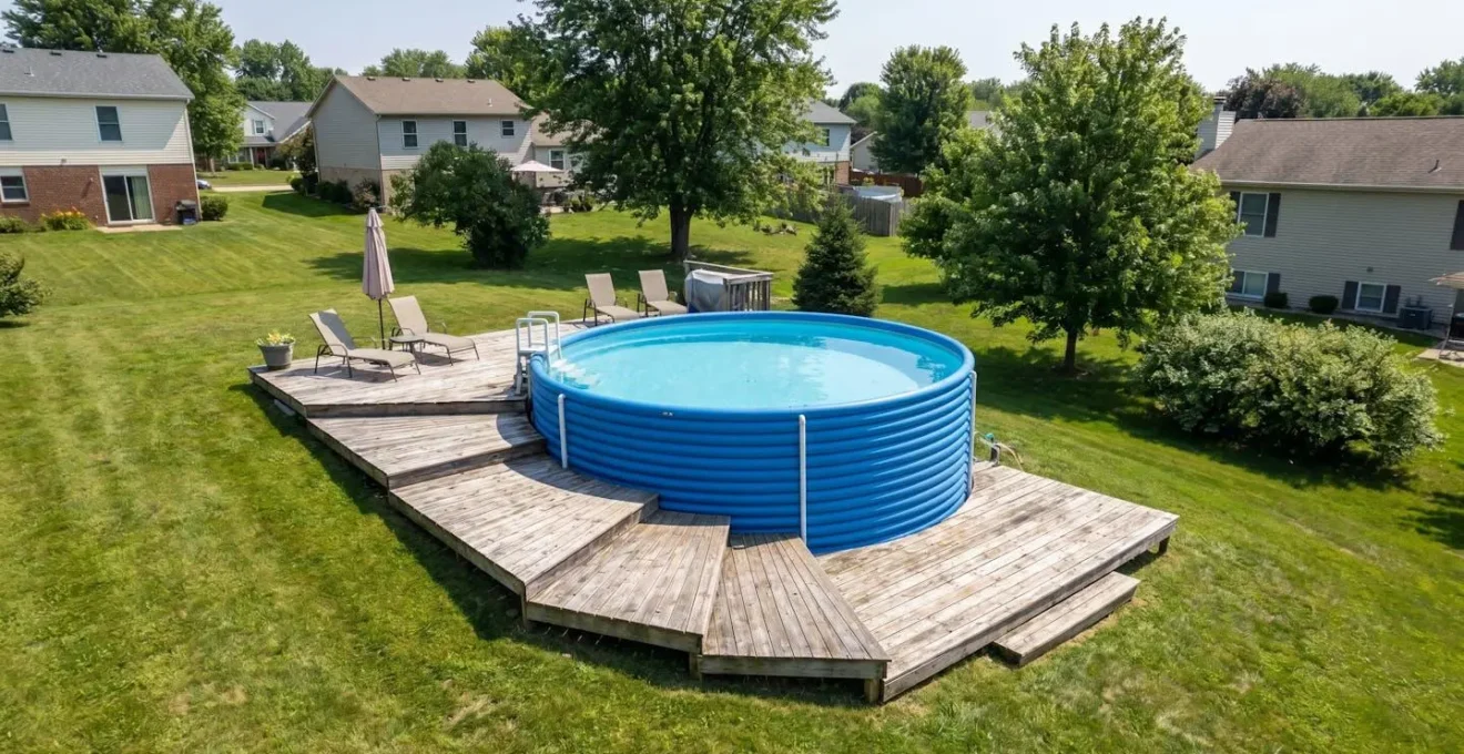 Piscine tubulaire installée sur un terrain en pente légère, avec terrasse bois intégrée et jardin aménagé