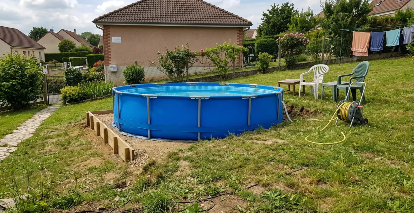 Vue d'ensemble d'une piscine tubulaire installée sur un terrain légèrement en pente, avec indication visuelle du dénivelé et des zones de stabilisation